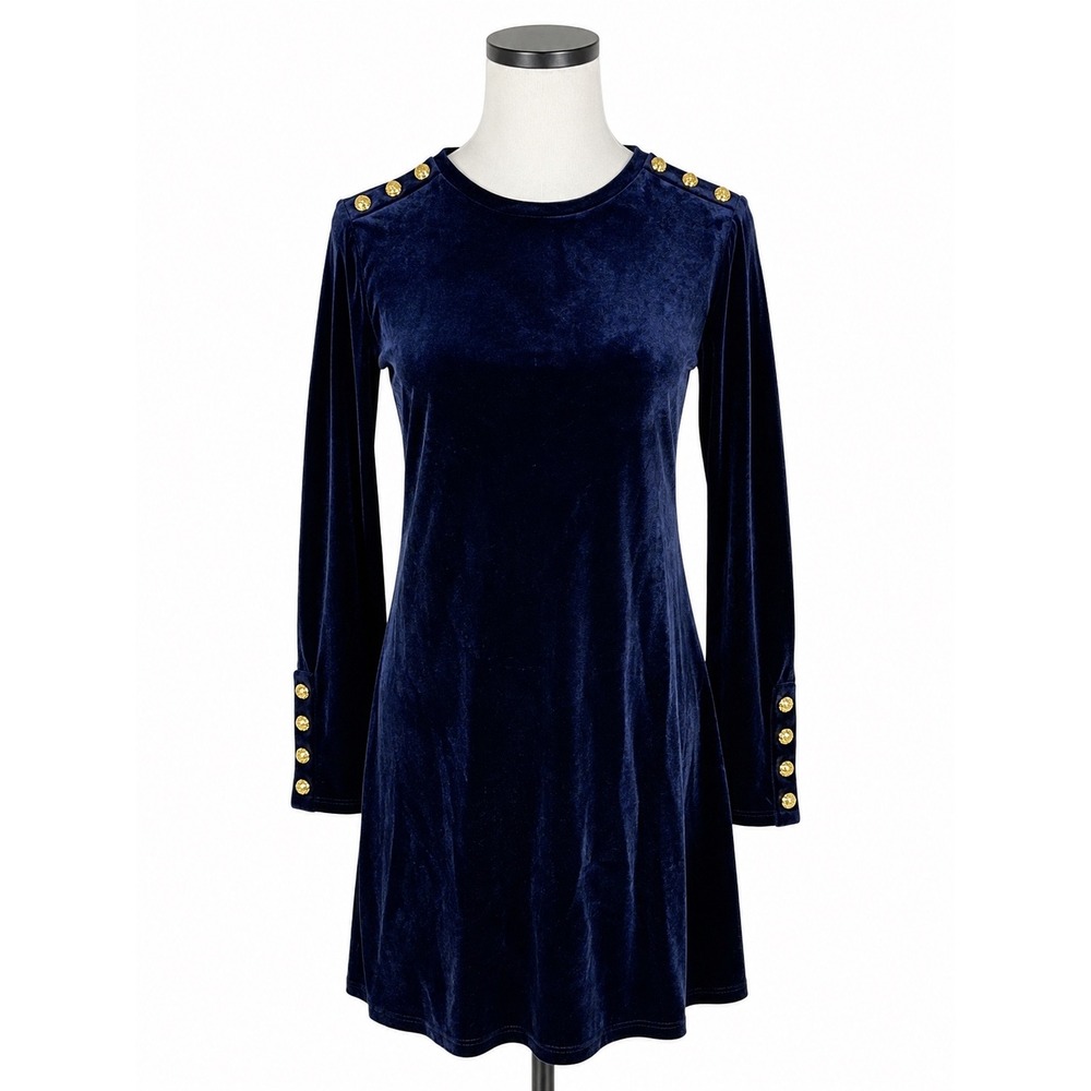 Juicy Couture Velvet Dress Women XL Navy Blue Gold Button Black Label Y2K Luxe